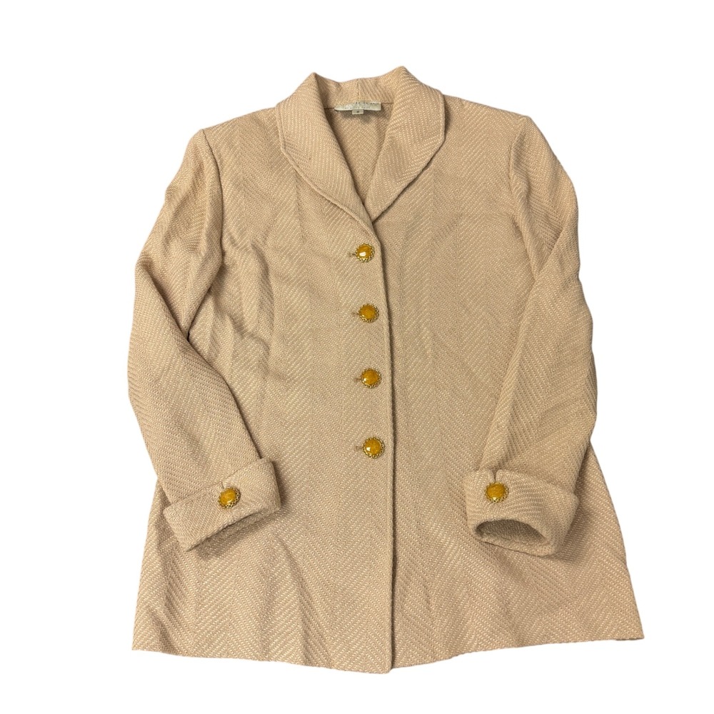 St. John Collection Marie Gray Beige Chevron Knit Blazer Jacket Gold Buttons 8